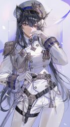  1girl absurdres aiguillette alternate_costume animal_ears arknights belt belt_buckle black_belt black_hair buckle buttons closed_mouth collared_jacket commentary contrapposto cowboy_shot crossed_bangs double-breasted epaulettes glint gloves grey_background hair_between_eyes hand_on_own_face hat highres holding holding_sword holding_weapon jacket long_hair long_sleeves looking_at_viewer medal military_hat military_jacket military_uniform multicolored_eyes pants peaked_cap solo sshumolly standing sword texas_(arknights) thigh_strap two-tone_eyes violet_eyes weapon white_gloves white_hat white_jacket white_pants wolf_ears wolf_girl yellow_eyes 