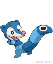  blue_fur bright_pupils english_text fakemon fang greg_andrade highres no_humans open_mouth pokemon pokemon_(creature) simple_background solo sugimori_ken_(style) tail two-tone_fur white_background white_fur white_pupils 