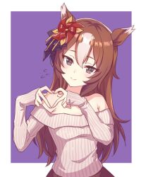  1girl alternate_hair_length_(longer) alternate_hairstyle animal_ears bare_shoulders blush breasts brown_eyes brown_hair closed_mouth commentary_request four-finger_heart_hands hair_between_eyes hair_ornament heart heart_hands highres horse_ears horse_girl long_hair long_sleeves looking_at_viewer multicolored_hair off-shoulder_sweater off_shoulder pinwheel pinwheel_hair_ornament shibamochi_(rain178straw) simple_background small_breasts smile solo streaked_hair sweater umamusume white_hair white_sweater yaeno_muteki_(umamusume) 