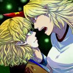  2girls ameya_nihachi blonde_hair breasts cuffs eye_contact fangs gradient gradient_background green_eyes hand_on_another&#039;s_throat horn hoshiguma_yuugi light_particles lips looking_at_another manacles mizuhashi_parsee multiple_girls open_mouth pointy_ears red_eyes short_hair star tears touhou 