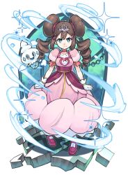  1girl absurdres blue_eyes breasts brown_hair choker closed_mouth collarbone donut_hair_bun double_bun dress elbow_gloves food frown gloves grimmelsdathird hair_bun highres ice_cream long_hair looking_at_viewer medium_breasts official_alternate_costume pantyhose pink_choker pink_dress pink_shoes pokemon pokemon_(creature) pokemon_black_2_and_white_2 pokestar_studios princess rosa_(pokemon) shoes tiara twintails vanillite white_pantyhose 