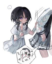  ... 2girls ? aged_down bandaged_arm bandages beret black_coat black_hair black_hat bruise closed_mouth coat collared_coat dress flower flower-trimmed_sleeves gradient_hair hair_flower hair_ornament hat hat_flower hat_ribbon highres holding_another's_arm housho_margo injury korean_text long_sleeves mahou_shoujo_no_majo_saiban multicolored_hair multiple_girls pink_eyes pink_hair ribbon sakuraba_ema short_hair simple_background speech_bubble spoilers spoken_ellipsis translation_request violet_eyes wamowamomo white_background white_dress white_flower white_hair white_sleeves x_hair_ornament 