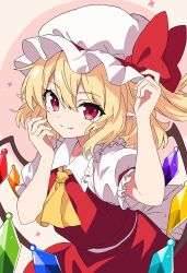  1girl absurdres ascot back_bow blonde_hair bow closed_mouth collared_shirt commentary_request crystal crystal_wings fang fang_out flandre_scarlet frilled_shirt_collar frills hat hat_bow highres looking_at_viewer mob_cap multicolored_wings one_side_up pointy_ears puffy_short_sleeves puffy_sleeves red_bow red_eyes red_skirt red_vest reoreo0716 shirt short_sleeves skirt skirt_set smile solo touhou vest white_bow white_hat white_shirt wings yellow_ascot 