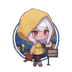 1girl belt black_pants boots cassia_(artist) chibi chibi_only coat cytus cytus_ii dark_skin grey_boots highres holding holding_suitcase hood hood_up ivy_(cytus) pants red_eyes solo suitcase white_hair yellow_coat 