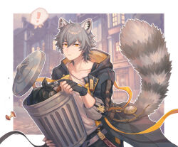  ! 1boy animal_ears apple apple_core black_gloves black_jacket border caelus_(honkai:_star_rail) chinese_commentary city collarbone commentary_request cowboy_shot fingerless_gloves food food_bite fruit gloves grey_hair hair_between_eyes hand_up highres holding_trash_can honkai:_star_rail honkai_(series) hood hooded_jacket jacket kemonomimi_mode long_sleeves looking_at_viewer male_focus open_clothes open_jacket outline raccoon_boy raccoon_ears raccoon_tail ribbon sang_yu_qwq shirt short_hair smile solo spoken_exclamation_mark t-shirt tail trailblazer_(honkai:_star_rail) trash trash_bag trash_can trashcan_lid two-sided_fabric two-sided_jacket white_border white_outline white_shirt yellow_eyes yellow_jacket 