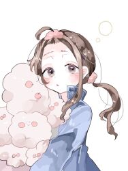  1girl black_eyes blush brown_hair commentary commentary_request hair_ornament hanamaki_hanarou holding jacket long_hair looking_at_viewer mahou_shoujo_ikusei_keikaku mahou_shoujo_ikusei_keikaku_unmarked nemurin open_mouth sanjou_nemu untranslatable_commentary white_background 