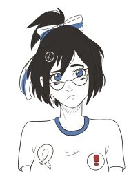  ! 1girl artist_request black_hair blue_eyes blue_trim confused drawfag facing_viewer frown glasses head_tilt highres lera_(sighttobehold) looking_at_viewer original peace_symbol ponytail ribbon russian_anti-war_flag russo-ukrainian_war shirt solo straight-on upper_body white_background white_shirt 