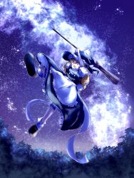  1girl 6chimomai apron attacking_viewer back_bow black_dress black_shoes blonde_hair bow broom commentary_request dress flying full_body hat highres holding holding_broom kirisame_marisa long_hair milky_way motion_blur night outdoors scenery shoes sky socks solo star_(sky) starry_sky touhou tree witch_hat 