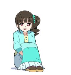  1girl anime_coloring aqua_jacket aqua_scrunchie aqua_skirt blunt_bangs bright_pupils brown_hair brown_shoes buttons casual choppy_bangs dot_nose eyelashes frilled_skirt frills full_body hair_ornament hair_scrunchie happy highres hugging_own_legs jacket knees_up loafers long_hair long_skirt long_sleeves looking_at_viewer nekoyashiki_mayu official_style open_clothes open_jacket open_mouth piku_(another_pikuru) precure puffy_long_sleeves puffy_sleeves red_eyes scrunchie shadow shirt shoes side_ponytail sidelocks simple_background sitting skirt smile solo three-quarter_sleeves wavy_hair white_background white_pupils wonderful_precure! yellow_shirt 