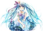  :o bare_shoulders bell blue_eyes blue_hair bouquet clothes_grab crown dress flower frilled_dress frills hatsune_miku hydrangea open_mouth pony_(artist) ribbon_choker signature sleeveless smile solo twintails vocaloid 