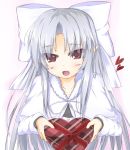  blush bow fang gift hair_bow heart highres holding holding_gift long_hair pointy_ears red_eyes silver_hair solo tsukihime white_len 