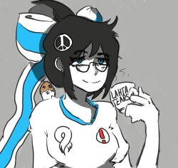  1girl black-framed_eyewear black_hair blue_eyes cup english_text glasses hamster lera_(sighttobehold) original peace_symbol russian_anti-war_flag russo-ukrainian_war shirt sighttobehold smile teacup upper_body white_blue_white_flag white_shirt 