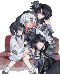  4girls @_@ bandaged_arm bandages bare_shoulders beret black_choker black_coat black_gloves black_hair black_hat black_kimono black_shoes blush bow bruise bruise_on_face butterfly_hair_ornament butterfly_hat_ornament checkered_sleeves choker clone coat collared_coat colored_extremities dress fang flower flower-trimmed_sleeves frilled_sleeves frilled_socks frills furisode gauze gauze_on_face gloves gradient_hair hair_flower hair_ornament hat hat_flower hat_ornament hat_ribbon highres housho_margo injury japanese_clothes kimono lolita_fashion long_sleeves mahou_shoujo_no_majo_saiban mini_hat mini_top_hat multicolored_hair multiple_girls neck_ribbon off-shoulder_dress off_shoulder open_mouth pink_eyes pink_hair ribbon sakuraba_ema shirt shoes short_hair sitting sleeveless sleeveless_coat smile socks spoilers thigh_strap top_hat violet_eyes wa_lolita wamowamomo white_background white_dress white_flower white_hair white_ribbon white_shirt white_sleeves white_socks wide_sleeves witch_(manosaba) x_hair_ornament 