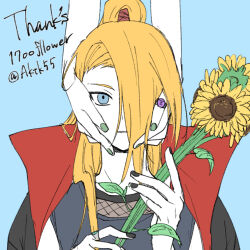  2boys asymmetrical_bangs black_nails blonde_hair blue_background blue_eyes deidara_(naruto) expressionless fishnet_top fishnets flower green_nails grey_shirt hair_over_one_eye hayamin35 high_ponytail holding holding_flower jewelry long_hair looking_at_viewer male_focus multiple_boys naruto_(series) naruto_shippuuden open_clothes open_robe parted_lips ponytail ring robe sasori_(naruto) shirt simple_background sketch sunflower 