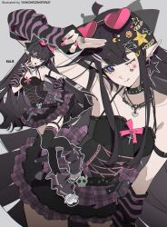  1girl :p absurdres ahoge aotu_world arm_up arm_warmers armlet armpits artist_name belt black_arm_warmers black_belt black_bow black_choker black_dress black_hair black_thighhighs blue_eyes bow breasts cathon613 character_name character_sticker chinese_commentary choker commentary_request crescent crescent_hair_ornament cross dress dress_bow earrings eyewear_on_head facial_mark fashion frilled_dress frills glasses grey_background grey_leg_warmers hair_bow hair_ornament hairclip heart heart-shaped_eyewear highres jewelry kaili_(aotu_world) kuromi lace-trimmed_dress lace_trim leg_warmers long_hair multiple_views my_melody_(series) necklace one_eye_closed open_mouth pink-tinted_eyewear pink_bow pink_nails pointy_ears purple_arm_warmers purple_dress ring sanrio shoes simple_background sleeveless sleeveless_dress small_breasts star_(symbol) star_earrings star_facial_mark star_hair_ornament sticker sticker_on_face striped_arm_warmers thigh-highs tinted_eyewear tongue tongue_out too_many_hair_ornaments two-tone_arm_warmers two-tone_dress very_long_hair white_shoes x_hair_ornament yabi_fashion 