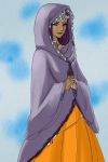  dragon_quest dragon_quest_iv dress hands_clasped hood minea nao_(moji) orange_dress purple_eyes purple_hair robe violet_eyes 