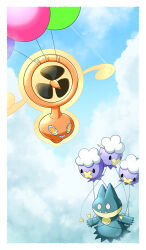  air_balloon_(pokemon) balloon black_eyes border clouds commentary_request day drifloon highres munchlax no_humans outdoors pokemon pokemon_(creature) pokemon_focus rotom rotom_(fan) sunlight topaz_(topaaaaaaaaz) white_border yellow_eyes 