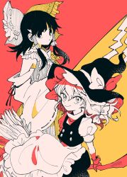  2girls apron black_hair black_skirt black_vest bow braid broom broom_riding buttons collar detached_sleeves double-breasted gohei hair_ribbon hair_tubes hakurei_reimu hat holding holding_gohei itomugi-kun kirisame_marisa looking_at_viewer multiple_girls nontraditional_miko partially_colored puffy_short_sleeves puffy_sleeves ribbon shirt short_sleeves single_braid skirt sleeveless sleeveless_shirt smile touhou two-tone_background vest white_shirt wide_sleeves witch_hat 