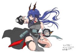  1girl arknights bare_shoulders black_dress black_horns black_shorts brown_eyes brown_horns ch'en_(arknights) ch'en_the_dawnstreak_(arknights) closed_mouth commentary_request diffraction_spikes dress fingerless_gloves floating_hair gloves grey_gloves holding holding_sword holding_weapon horns long_hair looking_to_the_side mattun_8230 paint_chat_(medium) profile purple_hair shorts shorts_under_dress simple_background sleeveless sleeveless_dress solo sword turning_head weapon white_background 