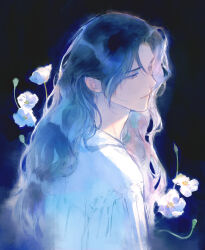  1boy androgynous bishounen black_background blue_hair closed_mouth commentary cool_colors expressionless flower from_side grey_eyes highres kkcoocool long_hair long_sleeves male_focus original poet_shirt poppy_(flower) simple_background solo untranslatable_commentary upper_body watercolor_effect wavy_hair white_flower 