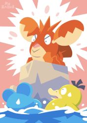  absurdres artist_name cocoro_the_c commentary_request corphish highres marill no_humans open_mouth pink_background pokemon pokemon_(creature) pokemon_focus psyduck scared sweatdrop water water_type_theme_(pokemon) 