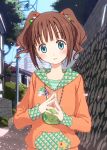  blue_eyes blush brown_hair chika_(orange_pop) hands_together hoodie idolmaster open_mouth short_hair solo steepled_fingers takatsuki_yayoi twintails 