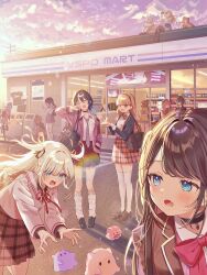  6+girls :d alex_(blazetheprincess) amayui_moka amayui_moka_(2nd_costume) animal_ear_headwear asumi_sena asumi_sena_(4th_costume) bag beret binoculars bird black_choker black_hair black_pantyhose black_shoes black_thighhighs blonde_hair blue_eyes blue_hair blue_shirt blue_skirt blue_streaks blush bow bowtie brown_hair brown_jacket cardigan cattleya_regina_games choker closed_eyes clouds cloudy_sky collared_shirt colored_inner_hair commentary convenience_store evening fang from_behind grey_hair grey_jacket hair_bow hair_intakes hairband hanabusa_lisa hanabusa_lisa_(5th_costume) hand_in_pocket hat highres holding holding_binoculars holding_phone hood hooded_jacket ichinose_uruha ichinose_uruha_(6th_costume) iris_black_games jacket kaga_nazuna kaga_nazuna_(2nd_costume) kaga_sumire kaga_sumire_(9th_costume) kisaragi_ren_(5th_costume)_(vspo!) kisaragi_ren_(vspo!) knees_up kogara_toto kogara_toto_(9th_costume) kurumi_noah kurumi_noah_(8th_costume) lens_flare loafers long_hair long_sleeves loose_socks lupinus_virtual_games miniskirt multicolored_hair multiple_girls neck_ribbon necktie nekota_tsuna nekota_tsuna_(4th_costume) on_rooftop one_eye_closed pantyhose phone pink_bow pink_bowtie pink_eyes pink_hair pink_jacket plaid_clothes plaid_skirt pleated_skirt pome_charo ponytail purple_necktie red_eyes red_hair red_ribbon ribbon road sailor_collar school_bag school_uniform sendo_yuuhi sendo_yuuhi_(1st_costume) shiranami_ramune shiranami_ramune_(2nd_costume) shirt shirt_tucked_in shoes shop short_hair short_sleeves sitting skin_fang skirt sky sleeves_past_wrists smile socks squatting streaked_hair street sweat sweater_vest tachibana_hinano tachibana_hinano_(school_uniform) thigh-highs tosaki_mimi tosaki_mimi_(5th_costume) two_side_up virtual_youtuber vspo! white_hat white_shirt white_thighhighs yawning yellow_bird yellow_jacket 