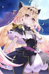  antenna_hair black_capelet black_dress blonde_hair brooch capelet cosplay cure_arcana_shadow cure_arcana_shadow_(cosplay) diamond_hairband dress frilled_cuffs full_moon gradient_hair hair_intakes heart heart_brooch highres jewelry long_hair looking_at_viewer magical_girl meitantei_precure! mellow_kaede moon moria_luluka multicolored_hair night pink_eyes pink_hair precure purple_veil purple_wrist_cuffs veil very_long_hair wrist_cuffs 