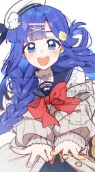  1girl asari_nanami birthday black_skirt blue_eyes blue_hair bow bowtie cardigan_partially_removed commentary_request hair_ornament hat highres idolmaster idolmaster_cinderella_girls long_sleeves looking_at_viewer open_mouth raru_buran red_bow red_bowtie sailor_collar sailor_hat school_uniform serafuku shell shell_hair_ornament shirt skirt squid_hair_ornament teeth twitter_username upper_teeth_only watermark white_shirt x_hair_ornament 
