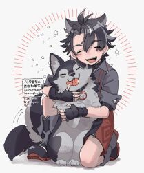  1boy :d ^_^ aged_down animal_hug artist_name badge bandaged_arm bandaged_neck bandages black_boots black_gloves black_hair black_shorts blush boots button_badge child closed_eyes collared_shirt commentary earrings english_commentary fang fingerless_gloves fold-over_boots genshin_impact gloves grey_boots grey_hair grey_shirt grey_streaks hair_between_eyes jewelry magnera_nora male_focus multicolored_hair on_one_knee open_mouth parted_bangs red_shorts scar scar_on_cheek scar_on_face shirt short_hair short_sleeves shorts simple_background smile solo sparkle streaked_hair stud_earrings teeth tongue tongue_out twitter_username watermark white_background wolf wriothesley_(genshin_impact) 