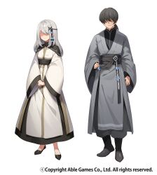  1boy 1girl apple_caramel black_hair black_shoes boots character_request closed_mouth commentary_request faceless faceless_female faceless_male grey_boots grey_hair hand_on_own_hip highres japanese_clothes kimono long_hair long_sleeves moon_rabbit_raising obi official_art own_hands_together sash shaded_face shoes simple_background smile standing white_background white_kimono wide_sleeves 