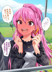  1boy 1girl alternate_hair_length_(longer) blush day earrings full-face_blush hanamasa_ono hands_up highres jewelry long_hair long_sleeves maihama_ayumu maihama_ayumu_(private_dress) official_alternate_costume official_alternate_hairstyle open_mouth out_of_frame outdoors pink_eyes pink_hair producer_(idolmaster) sitting speech_bubble thought_bubble translation_request 