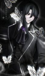  1boy artist_name ascot black_ascot black_background black_butterfly black_coat black_eyes black_hair black_vest bug butterfly coat collared_shirt commentary e.g.o_(project_moon) english_commentary expressionless highres lapels limbus_company long_hair long_sleeves male_focus monarch_butterfly noboroomu notched_lapels project_moon shirt solemn_lament_(e.g.o) solo twitter_username upper_body vest watermark white_butterfly white_shirt white_trim yi_sang_(project_moon) 
