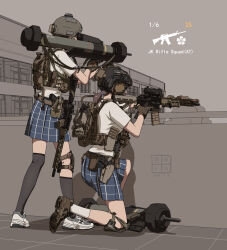  2girls aiming assault_rifle bag blue_skirt brown_gloves camouflage combat_helmet etmc1992 fingerless_gloves gloves gun helmet highres m4_carbine matador_(rocket_launcher) multiple_girls original plaid_clothes plaid_skirt rifle rocket_launcher school_bag school_uniform shoes skirt sneakers squatting tactical_school_uniform weapon woodland_camouflage 