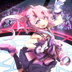  1girl blue_hair blush bow broken_horn commentary_request flat_chest footwear_bow gloves glowstick gradient_hair hair_bow highres horns idol indie_virtual_youtuber japanese_clothes kanehira_ame kimono kimono_skirt leg_up long_hair looking_at_viewer looking_back multicolored_hair obi oni open_mouth penlight_(glowstick) pink_eyes pink_hair purple_kimono purple_sash red_horns sash shoe_soles side_ponytail solo stage stage_lights standing standing_on_one_leg totomono virtual_youtuber white_gloves 