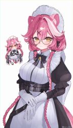  1girl absurdres animal_ears aruakki bell belt black-framed_eyewear black_belt black_bow black_bowtie black_dress black_ribbon black_shoes blush bow bowtie braid breasts chibi chibi_inset closed_mouth commentary dress glasses gloves hair_intakes hair_ornament hair_ribbon hairclip highres hololive hololive_english jingle_bell large_breasts long_hair long_sleeves looking_at_viewer maid maid_headdress multicolored_hair neck_bell open_mouth panther_ears panther_girl panther_tail pink_hair pink_tail raora_panthera raora_panthera_(maid) ribbon semi-rimless_eyewear shoes simple_background smile solo_focus streaked_hair tail teeth thigh-highs twin_braids twintails under-rim_eyewear upper_teeth_only virtual_youtuber white_background white_dress white_gloves white_thighhighs yellow_eyes 