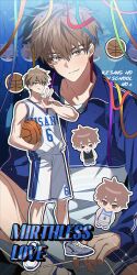  1boy absurdres ball basketball_(object) basketball_jersey basketball_uniform blue_shorts blue_trim blush brown_eyes brown_hair chibi chibi_inset chu_yeon crocs full_body garbage_time highres holding holding_ball jacket ki_sangho licking_lips looking_at_viewer mole mole_under_eye multiple_views number_print outline shoelaces shoes shorts smile sneakers socks solo sportswear sticker streamers tank_top tongue tongue_out track_jacket two-tone_shorts v white_outline white_shoes white_shorts white_socks white_tank_top 