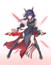  1girl arknights bare_shoulders black_boots black_dress black_shorts boots brown_horns ch'en_(arknights) commentary_request dress fingerless_gloves full_body gloves gradient_background grey_gloves haruuuu1185_(kubaharu) highres holding holding_sword holding_weapon horns knee_boots long_hair looking_at_viewer outline purple_hair red_background red_eyes red_outline shorts shorts_under_dress sleeveless sleeveless_dress solo standing sword tail weapon white_background 