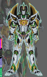  1boy absurdres armor armored_boots black_armor boots breastplate commentary commission crossover dragon_caesar dragonzord east-west_crossover full_armor gauntlets gold_armor gold_helmet green_armor green_eyes helmet high_school_dxd highres horns karyakaki kyouryuu_sentai_zyuranger looking_at_viewer male_focus mighty_morphin_power_rangers pauldrons power_rangers shoulder_armor silver_armor solo super_sentai tokusatsu 
