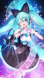  1girl 39_music_(vocaloid) :d ;d almn_sk aqua_eyes aqua_hair aqua_necktie artist_name black_bow black_skirt bow breasts commentary_request frilled_skirt frills gloves hair_bow hatsune_miku headset heart heart_hands highres long_hair magical_mirai_(vocaloid) magical_mirai_miku magical_mirai_miku_(2016) musical_staff necktie one_eye_closed open_mouth short_necktie skirt smile solo vocaloid white_gloves 