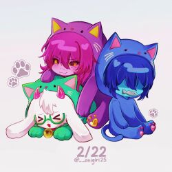  >_< 1boy 1girl 1other :3 animal_ears animal_hood artist_name bell blue_hair blue_skin blush cat_hood chibi chibi_only closed_eyes closed_mouth colored_sclera colored_skin dated deltarune fish_in_mouth freckles goat_boy goat_ears goat_horns green-framed_eyewear hair_between_eyes hair_over_eyes hood horns kris_(dark_world)_(deltarune) kris_(deltarune) long_hair medium_hair neck_bell onesie onigiri25 open_mouth paw_print pink_hair pink_horns pink_skin ralsei red_eyes reptile_girl shaded_face utdr_(toby_fox) white_fur yellow_sclera 