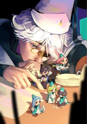  2boys 4girls agott_arklaum_(tongari_boushi_no_atelier) aqua_cloak aqua_hat beard black_cape black_hair black_hat blue_eyes blue_hair boxwabbi brown_shoes brushbuddy cape cloak coco_(tongari_boushi_no_atelier) commentary conical_hat english_commentary facial_hair glasses green_eyes green_hair hat hat_tassel heterochromatic_eyewear highres holding holding_pen mini_person multiple_boys multiple_girls olruggio_(tongari_boushi_no_atelier) pen pince-nez pink_eyes pink_hair qifrey's_atelier_apprentice_uniform qifrey_(tongari_boushi_no_atelier) richeh_(tongari_boushi_no_atelier) round_eyewear shoes short_hair size_difference speech_bubble tetia_(tongari_boushi_no_atelier) tinted_eyewear tongari_boushi_no_atelier violet_eyes white_hair white_hat wizard_hat 