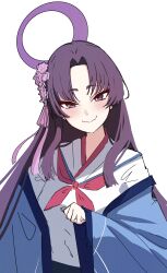  1girl absurdres blue_archive blue_haori blush closed_mouth commentary_request cowboy_shot eyeliner fang halo haori highres japanese_clothes kyurosuku long_hair looking_at_viewer makeup neckerchief parted_bangs purple_hair purple_halo red_eyeliner red_neckerchief sailor_collar school_uniform shirt simple_background skin_fang smile solo standing violet_eyes white_background white_sailor_collar white_shirt yukari_(blue_archive) 