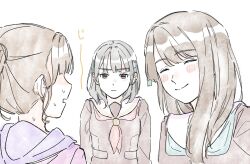  3girls ^_^ animification blush brown_dress brown_hair closed_eyes closed_mouth commentary_request dress facing_another false_smile green_neckerchief hair_ornament hanamiya_nina hasu_no_sora_school_uniform highres hood hood_down hooded_jacket jacket kurusu_rin light_frown long_hair long_sleeves love_live! love_live!_hasu_no_sora_jogakuin_school_idol_club mole mole_under_eye multiple_girls neckerchief nervous_sweating nirei_nozomi open_mouth pink_jacket ponytail porari purple_hood rabbit_hair_ornament real_life red_neckerchief sailor_collar sailor_dress school_uniform simple_background smile staring sweat tassel tassel_hair_ornament upper_body voice_actor white_background white_sailor_collar winter_uniform 