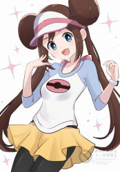  1girl :d aoneko4ao_(edwf7745) black_pantyhose blue_eyes bright_pupils brown_hair commentary_request cowboy_shot double_bun hair_bun hands_up happy long_hair looking_at_viewer open_mouth pantyhose pokemon pokemon_black_2_and_white_2 raglan_sleeves rosa_(pokemon) shirt shorts smile solo sparkle three-quarter_sleeves twintails visor_cap watermark white_background white_pupils yellow_shorts 