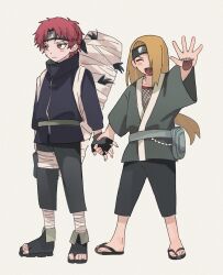  2boys ^_^ asymmetrical_bangs bandages belt black_gloves black_jacket black_pants black_sandals blonde_hair blush brown_eyes closed_eyes deidara_(naruto) extra_mouth fanny_pack fingerless_gloves fishnet_top fishnets forehead_protector gloves hair_over_one_eye happy highres holding_hands jacket japanese_clothes kimono looking_at_viewer low_ponytail male_focus multiple_boys naruto_(series) naruto_shippuuden pants ponytail red_hair sandals sasori_(naruto) short_hair simple_background so_men04 tsundere white_background white_belt 