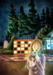  1girl checkered_clothes checkered_floor checkered_scarf coat crossed_fingers gloves highres long_hair looking_at_viewer nose open_mouth original outdoors road scarf sidewalk solo street teeth tongue tree wanmeibaobirenjian white_gloves window 