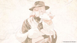  1boy animal black_gloves black_haori black_hat bow branch chaldean_floralia closed_eyes closed_mouth commentary_request copyright_notice dog facing_viewer fate/grand_order fate_(series) fedora flower glasses gloves grey_kimono hair_between_eyes hair_bow hair_over_shoulder hanasaka_no_okina_(fate) haori hat hat_flower highres holding holding_animal holding_dog japanese_clothes kimono light_smile long_hair long_hair_between_eyes low_ponytail male_focus mole mole_under_eye multiple_moles official_art pastel_colors pink_flower pink_hair ponytail puccapucca02 red_bow round_eyewear shirt_under_kimono single_sidelock solo upper_body white_dog 