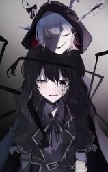  2girls bandaged_arm bandages black_bow black_choker black_cloak black_coat black_dress black_eyes black_hair black_hood black_ribbon black_tears bow choker cloak coat collared_dress commentary_request crying crying_with_eyes_open dress extra_arms gradient_background grey_eyes hair_bow heterochromia highres hug kurobe_honoka kurobe_nanoka long_hair mahou_shoujo_no_majo_saiban moi_(blueflower_o) multiple_girls narehate_(mahou_shoujo_no_majo_saiban) neck_ribbon ribbon short_hair siblings sisters spoilers tears twintails upper_body white_hair witch_(manosaba) 