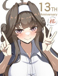  1girl absurdres ahoge anniversary batta_no_tsukudani brown_hair clothes_on_shoulders collared_dress commentary_request congratulations double_bun dress hair_bun highres index_finger_raised jacket jacket_on_shoulders kantai_collection kongou_(kancolle) kongou_(lawson)_(kancolle) simple_background smile solo upper_body violet_eyes w white_background white_dress white_hair 